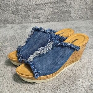 Minnetonka Wedge Sandals Blue Denim Frayed Cork Slide Women Size 7 Excellent